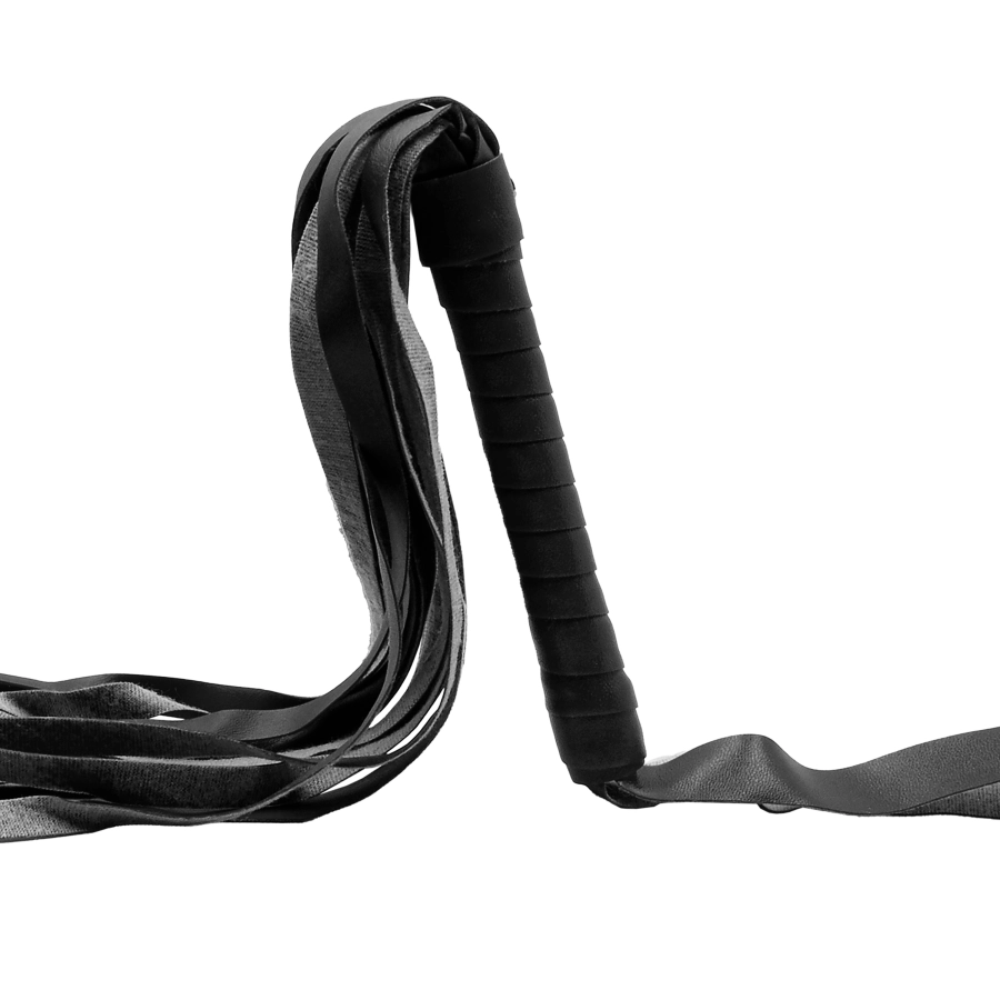 Fouet BDSM Multi-Lanières, Cuir Vegan Rouge & Noir