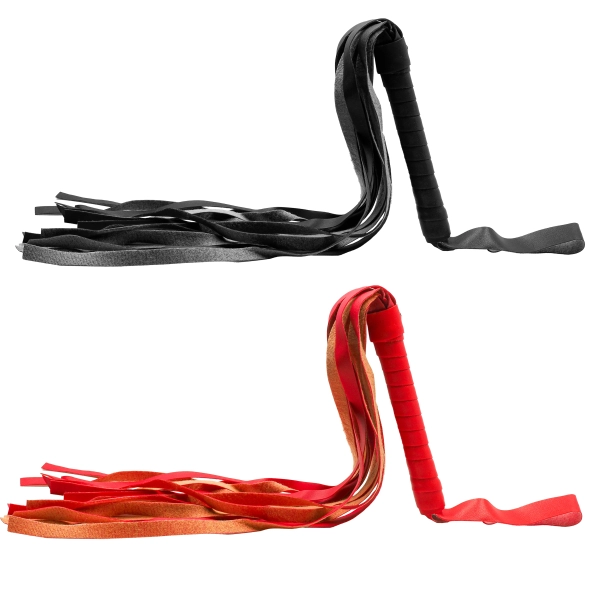 Fouet BDSM Multi-Lanières, Cuir Vegan Rouge & Noir